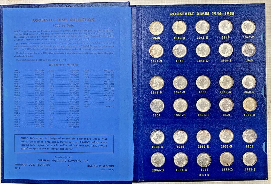 Whitman Deluxe Album Roosevelt Dime Complete Set 1946-1973 Silver Clad (1 of 5)