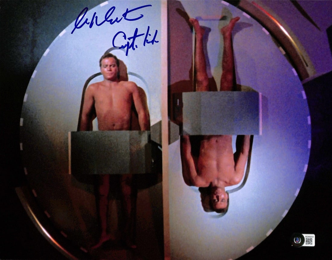 William Shatner Signed 11x14 Star Trek Photo Capt. Kirk Beckett Certified: William Shatner Signed 11x14 Star Trek Photo Capt. Kirk Beckett Certified This captivating 11x14 photograph features William Shatner, best known for his iconic role as Captain Kirk in the original Sta