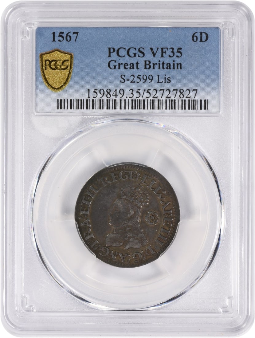 1567 Silver Great Britain 6 Pence PCGS VF35 S-2599: 1567 Silver Great Britain 6 Pence PCGS VF35 S-2599 This 1567 Great Britain 6 Pence coin is composed of silver and has been graded VF35 by PCGS, indicating it is in Very Fine condition. The coin is cir
