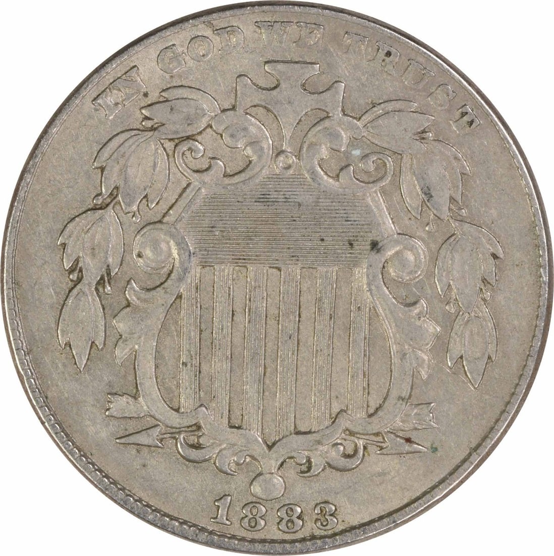 1883 United States Shield 5C Nickel AU Uncertified: 1883 United States Shield 5C Nickel AU Uncertified 1883 Shield nickel in About Uncirculated grade. This pre-owned United States 5-cent coin is composed of nickel and is listed as circulated and uncert
