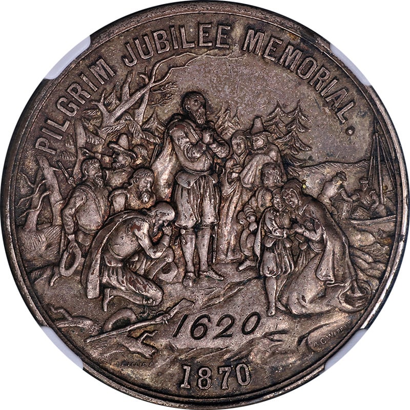 1870 Pilgrim Jubilee Memorial HK-13 So-Called Dollar NGC MS62: 1870 Pilgrim Jubilee Memorial HK-13 So-Called Dollar NGC MS62 This 1870 MA HK-13 SC $1 Pilgrim Jubilee Memorial is an uncirculated commemorative coin certified by NGC with a grade of MS62. It features