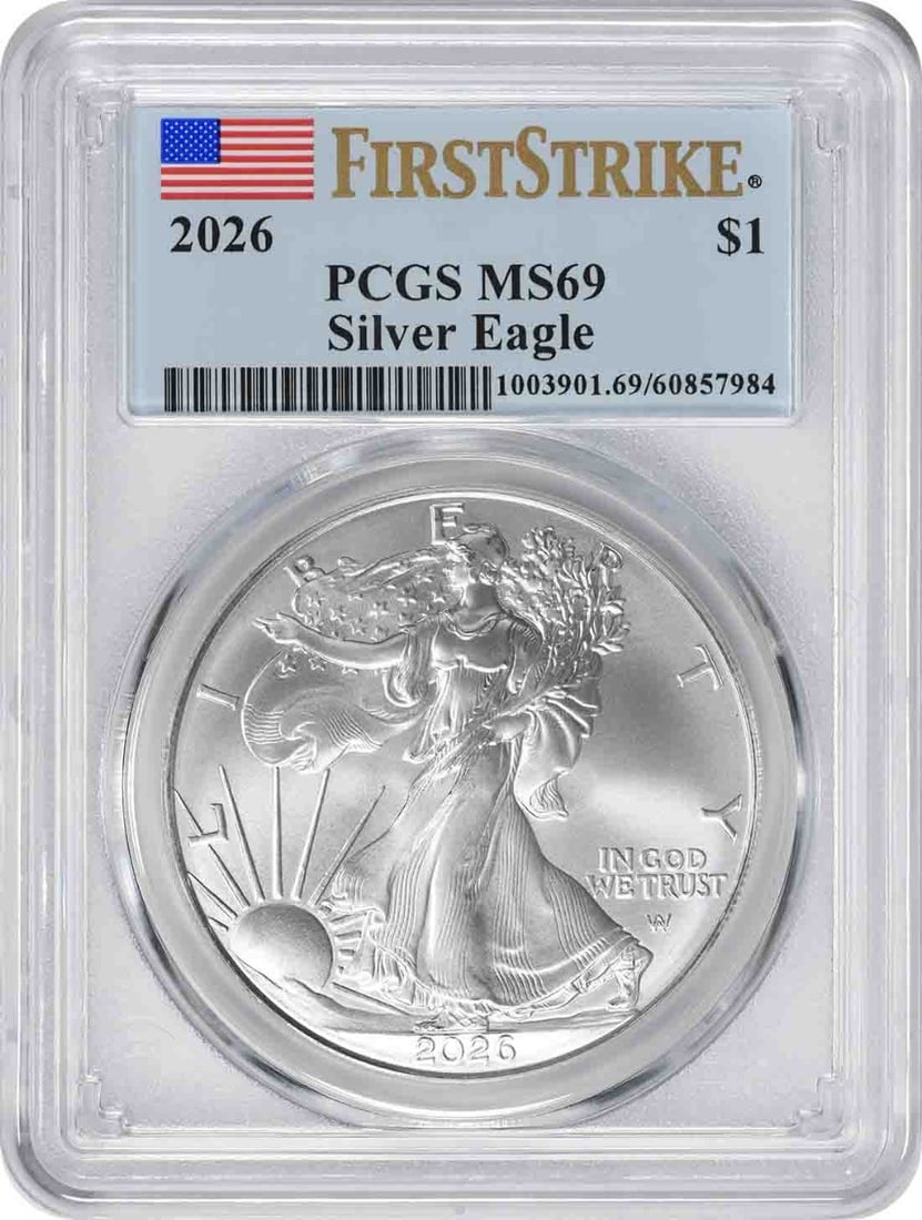PCGS First Strike 2026 American Silver Eagle $1 MS69: PCGS First Strike 2026 American Silver Eagle $1 MS69 This 2026 $1 American Silver Eagle is graded MS69 by PCGS and features the First Strike designation. The coin contains 1 oz of .999 fine silver and