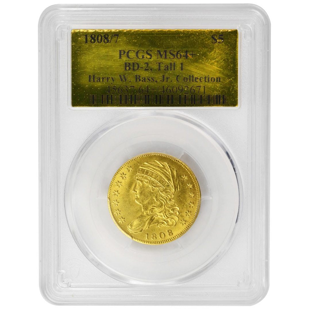 PCGS MS64 Plus 1808 7 Capped Bust $5 Gold Coin: PCGS MS64 Plus 1808 7 Capped Bust $5 Gold Coin This is an 1808/7 Capped Bust $5 gold coin, BD-2 variety, graded MS64+ by PCGS. Struck at the Philadelphia Mint, this coin features the distinctive overd