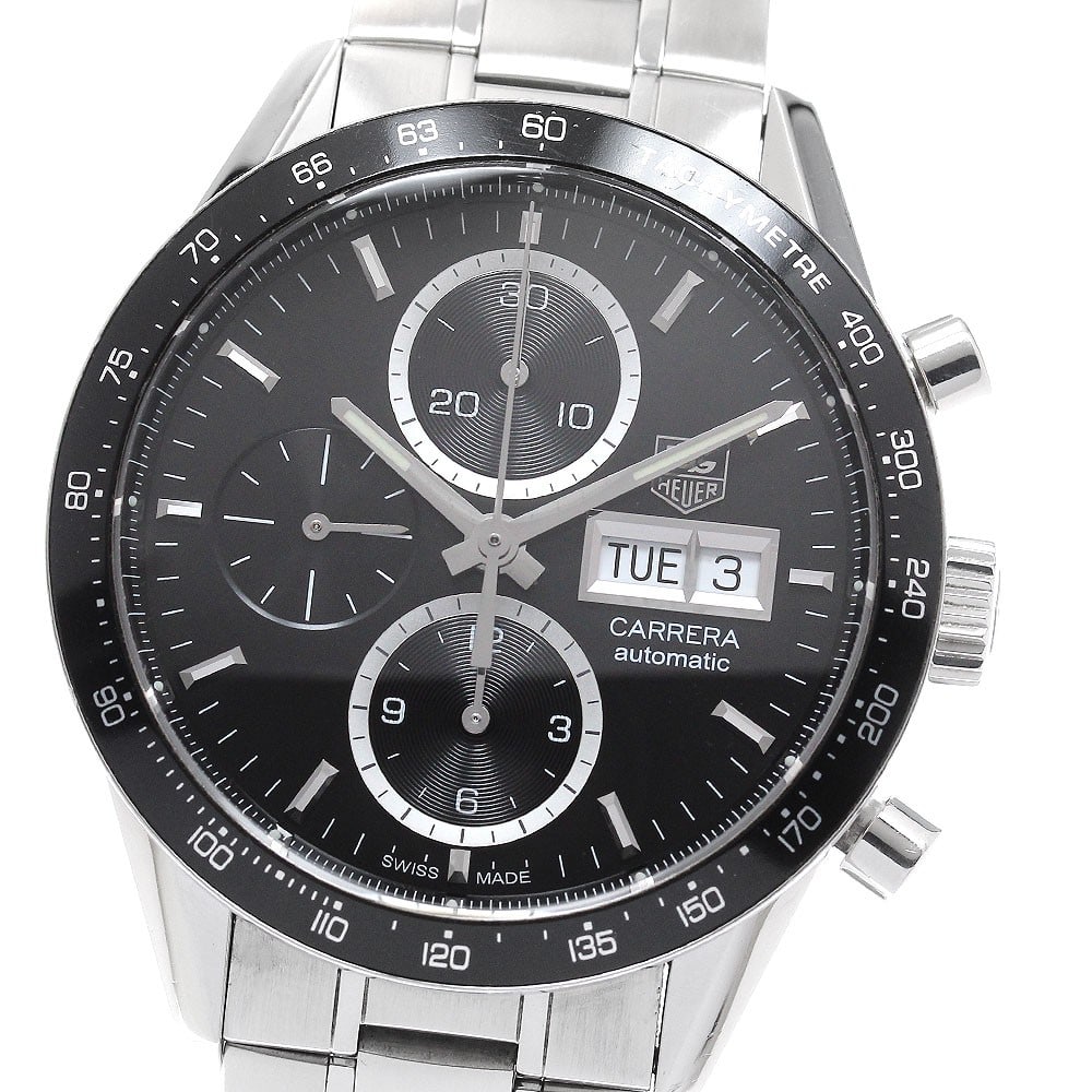 TAG Heuer Carrera Caliber 16 Automatic Chronograph Day Date Watch: TAG Heuer Carrera Caliber 16 Automatic Chronograph Day Date Watch Pre-owned TAG Heuer Carrera Calibre 16 Day-Date Chronograph automatic wristwatch with a black dial and stainless steel case and bracel
