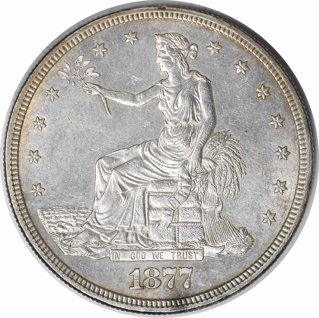 1877-S Silver Trade Dollar Uncirculated KM 108: 1877-S Silver Trade Dollar Uncirculated KM 108 This is an 1877-S United States Trade Dollar composed of silver. The coin is uncirculated and uncertified, featuring the classic design with a seated Lib