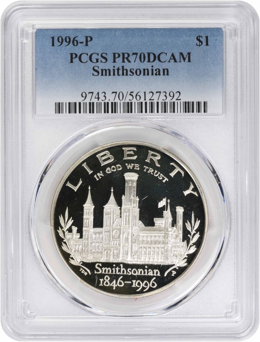 PCGS PR70 Smithsonian 1996-P Silver Proof Commemorative Dollar Coin: PCGS PR70 Smithsonian 1996-P Silver Proof Commemorative Dollar Coin This 1996-P Smithsonian Silver Commemorative Dollar is a proof coin graded PR70 Deep Cameo by PCGS, featuring an uncirculated condit