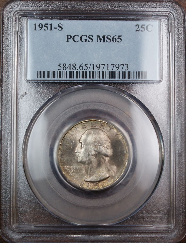 PCGS MS65 1951-S Washington silver quarter: PCGS MS65 1951-S Washington silver quarter This is a 1951-S Washington Quarter from the United States, composed of silver and graded MS-65 by PCGS. The coin is uncirculated and features light toning. 
