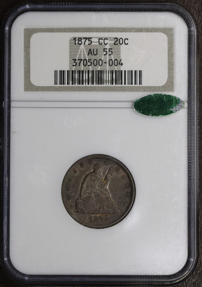 Carson City 1875 Twenty Cent Piece 20C NGC AU55 CAC: Carson City 1875 Twenty Cent Piece 20C NGC AU55 CAC 1875-CC Twenty Cent Piece graded AU 55 by NGC and CAC. This circulated United States coin is composed of 90% silver and is identified as a Carson Ci