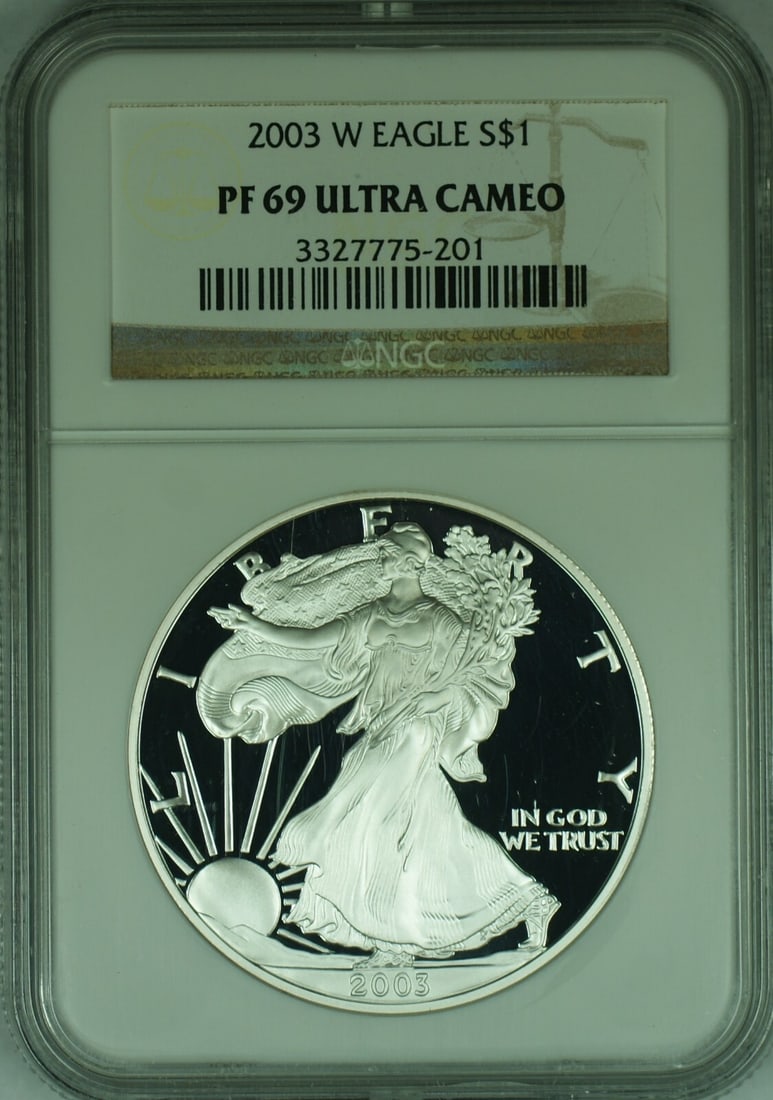 2003-W $1 Silver Eagle Proof NGC PR 69 Ultra Cameo Coin: 2003-W $1 Silver Eagle Proof NGC PR 69 Ultra Cameo Coin This 2003-W American Proof Silver Eagle $1 coin is a commemorative issue graded PF 69 Ultra Cameo by NGC. The coin is uncirculated and features 