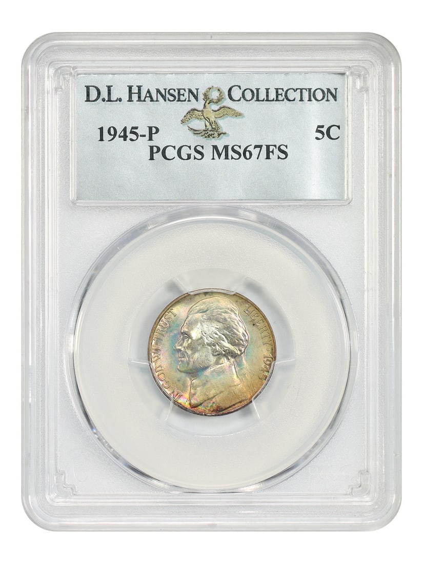 PCGS MS67FS 1945-P Jefferson Nickel with Rainbow Toning ex D.L. Hansen: PCGS MS67FS 1945-P Jefferson Nickel with Rainbow Toning ex D.L. Hansen 1945-P Jefferson Nickel graded PCGS MS67FS, ex D.L. Hansen. This uncirculated coin features natural rainbow tones throughout with