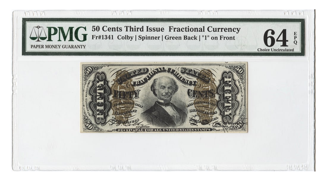 PMG Choice UNC64 EPQ Fr. 1341 50 Cents Fractional Currency Third Issue: PMG Choice UNC64 EPQ Fr. 1341 50 Cents Fractional Currency Third Issue Third Issue 50 Cents fractional currency note with green back and '1' on face. Graded PMG Choice UNC64 EPQ, this uncirculated exa