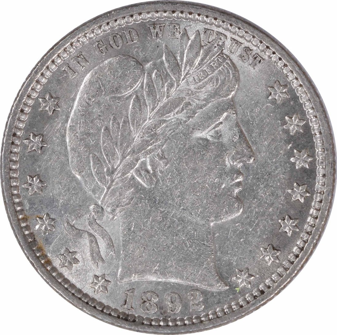 1892 Barber Silver Quarter AU Uncertified 25C Philadelphia Coin: 1892 Barber Silver Quarter AU Uncertified 25C Philadelphia Coin This 1892 Barber Silver Quarter is a beautiful example of American coinage, featuring the classic design by Charles E. Barber. With a gr