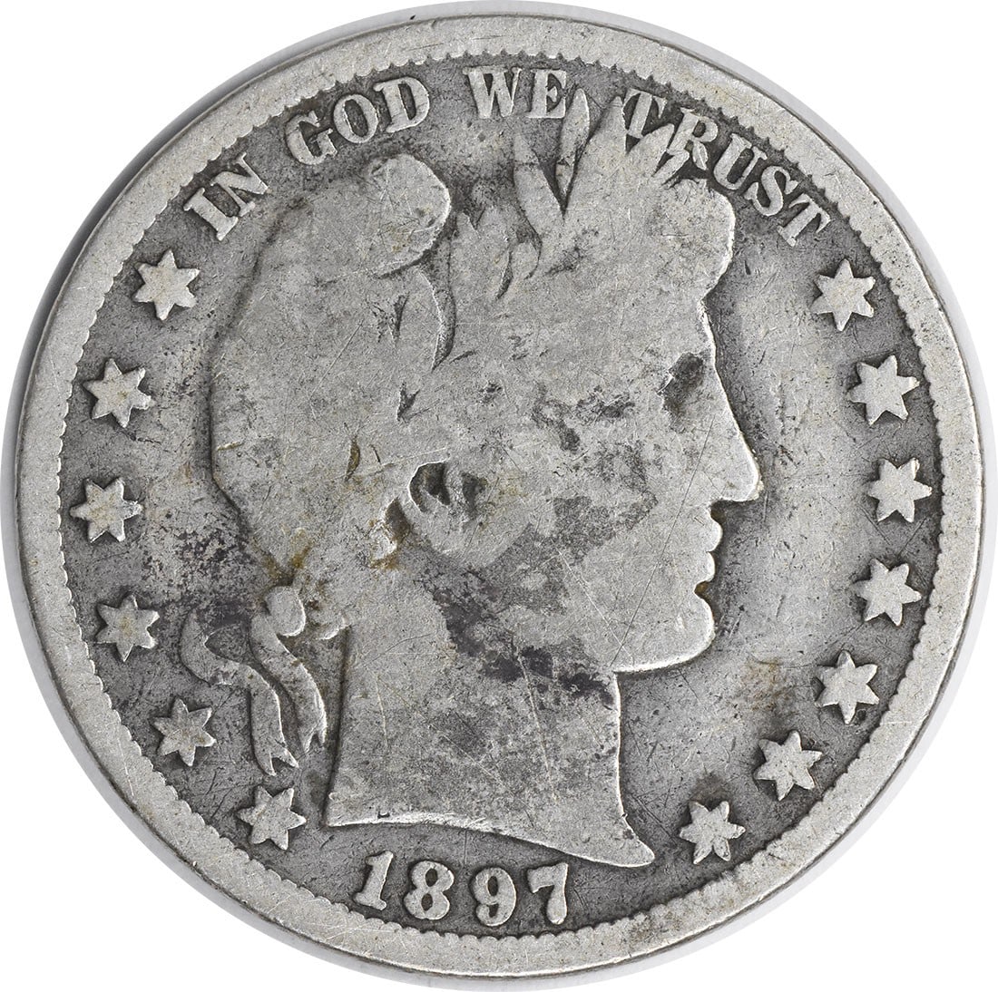 United States 1897 O Barber Half Dollar Silver 50C Grade G: United States 1897 O Barber Half Dollar Silver 50C Grade G 1897-O Barber Half Dollar in circulated, pre-owned condition with a G grade. This uncertified United States 50C coin is struck in silver and 
