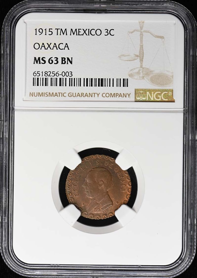 Mexico Oaxaca 1915 3C Coin NGC MS63BN KM-713.3 GB-299: Mexico Oaxaca 1915 3C Coin NGC MS63BN KM-713.3 GB-299 1915 Mexico Oaxaca 3 centavos coin certified by NGC and graded MS63BN. This pre-owned example is listed as uncirculated. Specifications Item Type:
