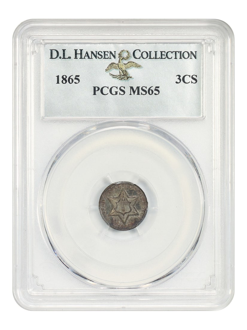 PCGS MS65 1865 Three Cent Silver 3CS Coin ex D.L. Hansen: PCGS MS65 1865 Three Cent Silver 3CS Coin ex D.L. Hansen 1865 Three Cent Silver certified by PCGS as MS65, ex: D.L. Hansen. This uncirculated business strike is a very scarce and underrated issue, wit
