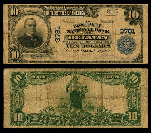 1902 $10 National Bank Note Delavan IL Tazewell County Ch #3781: 1902 $10 National Bank Note Delavan IL Tazewell County Ch #3781 This 1902 PB $10 National Bank Note from Delavan, IL, is a noteworthy collectible piece, graded Very Good (VG). It features stamped, pur