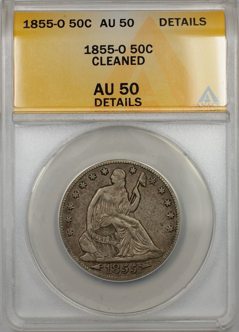 ANACS AU 50 1855-O Seated Liberty Silver Half Dollar Cleaned: ANACS AU 50 1855-O Seated Liberty Silver Half Dollar Cleaned This is an 1855-O Seated Liberty Silver Half Dollar 50 cent coin, certified by ANACS with a grade of AU 50 and noted as cleaned. Minted in 