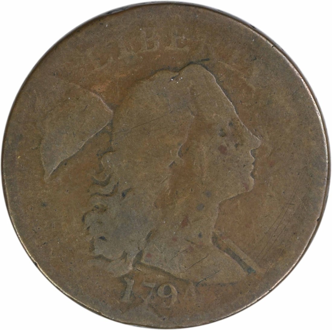 1794 Flowing Hair Large Cent Copper Coin Philadelphia Uncertified AG Grade: 1794 Flowing Hair Large Cent Copper Coin Philadelphia Uncertified AG Grade This 1794 Flowing Hair Large Cent is an uncertified, circulated coin from the Philadelphia Mint. Made of copper, it features 