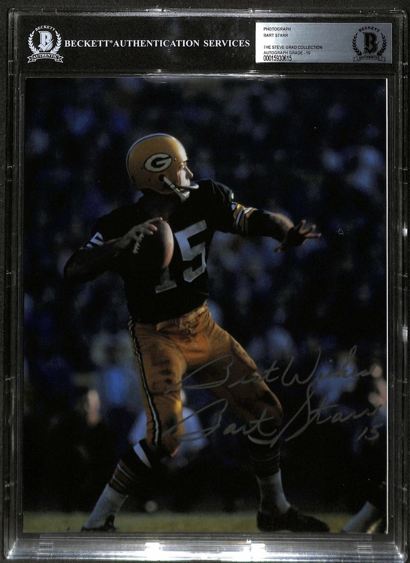 Bart Starr Signed 8x10 Photo with Best Wishes Beckett Authenticated: Bart Starr Signed 8x10 Photo with Best Wishes Beckett Authenticated This autographed 8x10 photograph features NFL legend Bart Starr, who is renowned for his remarkable career with the Green Bay Packer