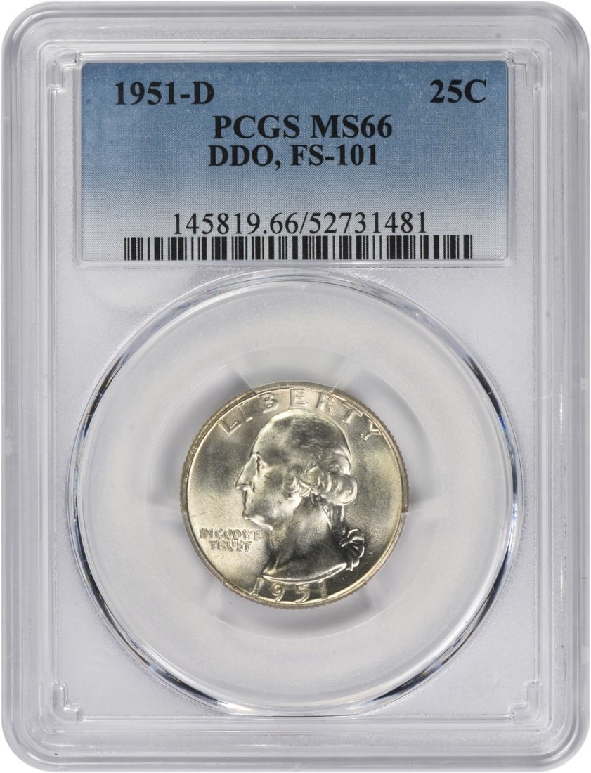 PCGS MS66 1951-D Washington Silver Quarter DDO FS-101: PCGS MS66 1951-D Washington Silver Quarter DDO FS-101 This 1951-D Washington Silver Quarter features the DDO FS-101 variety and has been graded MS66 by PCGS. Struck in silver, this uncirculated coin w