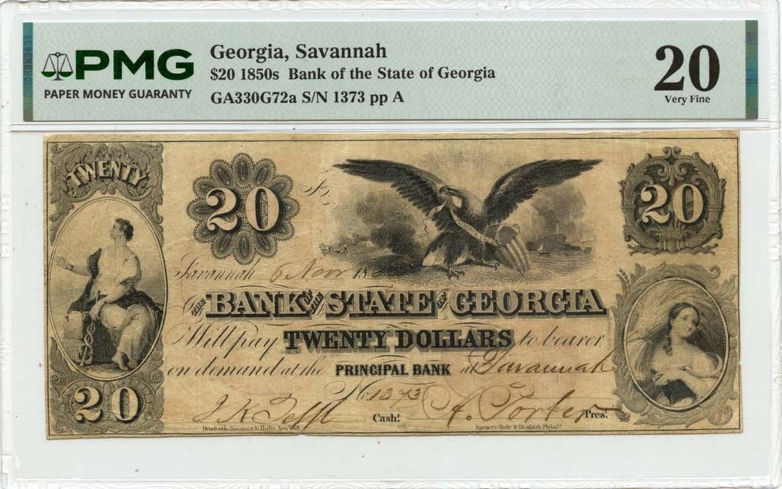 Bank of the State of Georgia $20 Obsolete Savannah Note PMG VF20 (1 of 2)