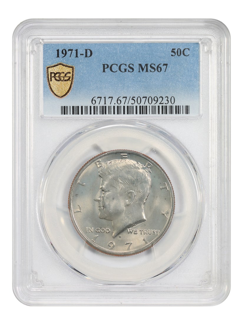 PCGS MS67 1971 D Kennedy 50C Half Dollar: PCGS MS67 1971 D Kennedy 50C Half Dollar 1971-D Kennedy Half Dollar certified by PCGS in MS67 grade. This uncirculated, pre-owned coin is a 50C denomination issue struck in Denver. Specifications Deno