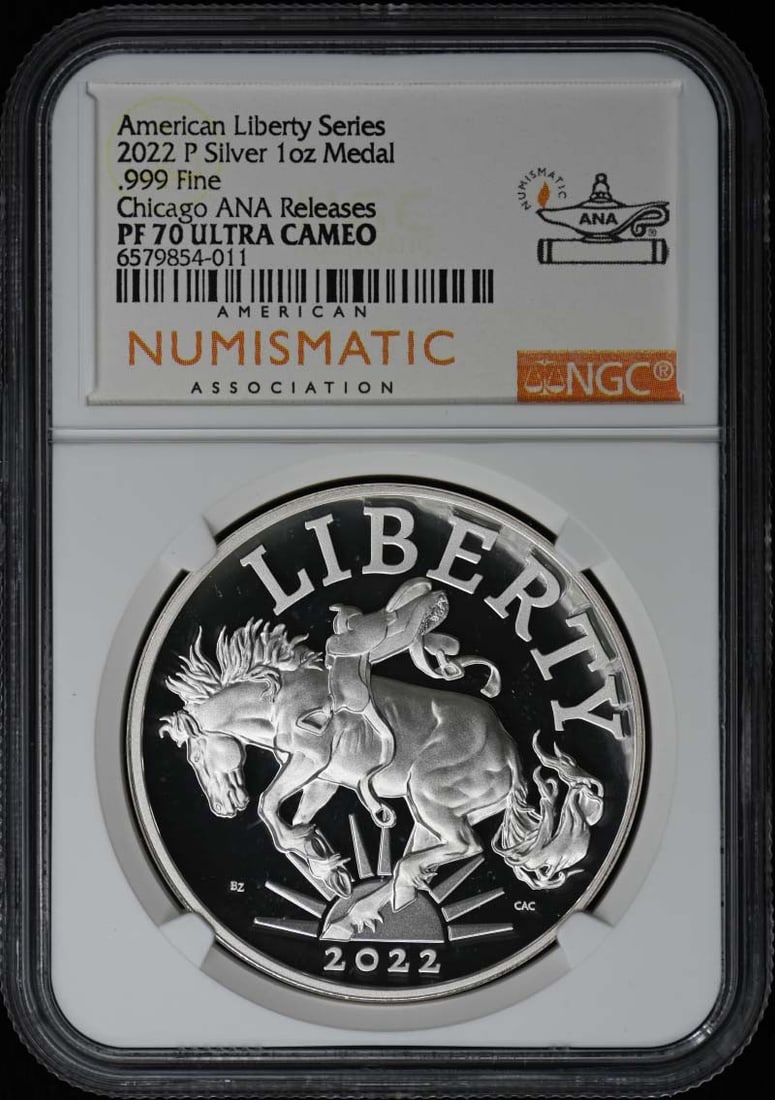 NGC PR70DCAM 2022 P 1 oz .999 Silver ANA Chicago Release Medal: NGC PR70DCAM 2022 P 1 oz .999 Silver ANA Chicago Release Medal 2022 P Chicago ANA Releases medal struck in 1 oz .999 fine silver and graded NGC PR70DCAM. This pre-owned piece is listed as uncirculated