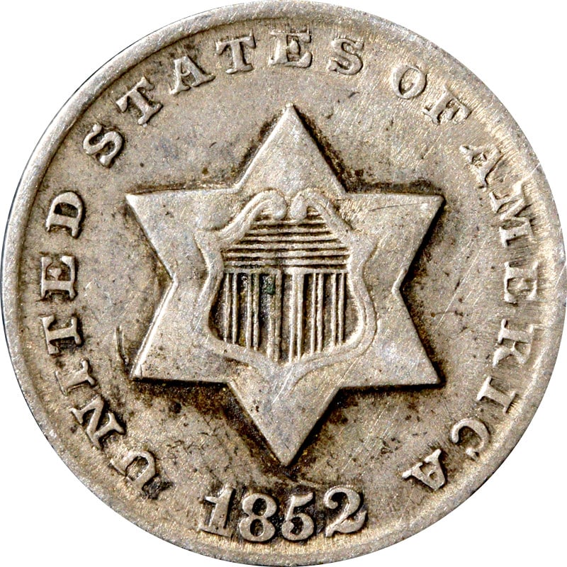 1852 Three Cent Silver Coin Circulated UNCERTIFIED: 1852 Three Cent Silver Coin Circulated UNCERTIFIED This 1852 Three Cent Silver coin is a fascinating piece of American numismatic history. It is composed of silver with a fineness of 0.9 and is classi