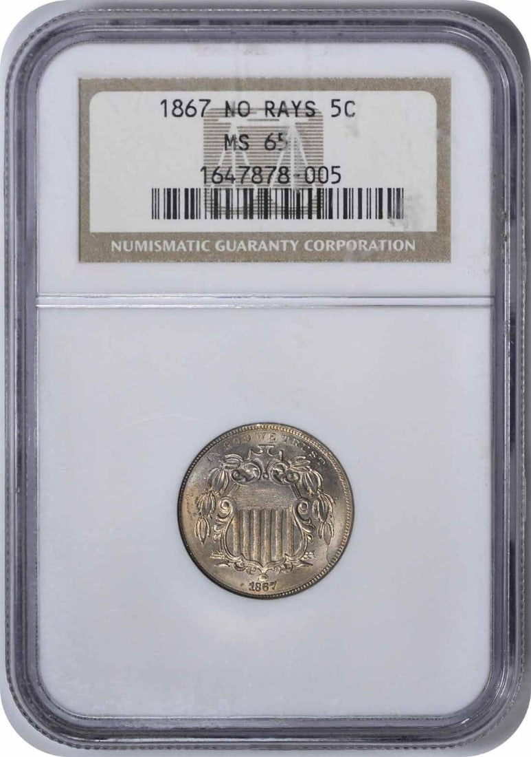 NGC MS65 1867 Shield Nickel 5C No Rays: NGC MS65 1867 Shield Nickel 5C No Rays 1867 Shield Nickel graded MS65 by NGC. This uncirculated United States 5-cent coin features the Shield design and is a pre-owned example. Specifications Year: 18