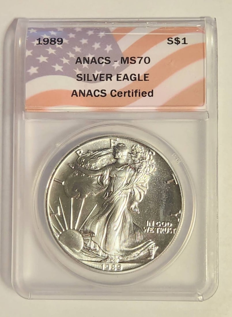1989 Silver Eagle Coin ANACS MS 70 Uncirculated Philadelphia: 1989 Silver Eagle Coin ANACS MS 70 Uncirculated Philadelphia This 1989 Silver Eagle, certified by ANACS and graded MS 70, is a stunning example of American coinage. With its remarkable uncirculated co
