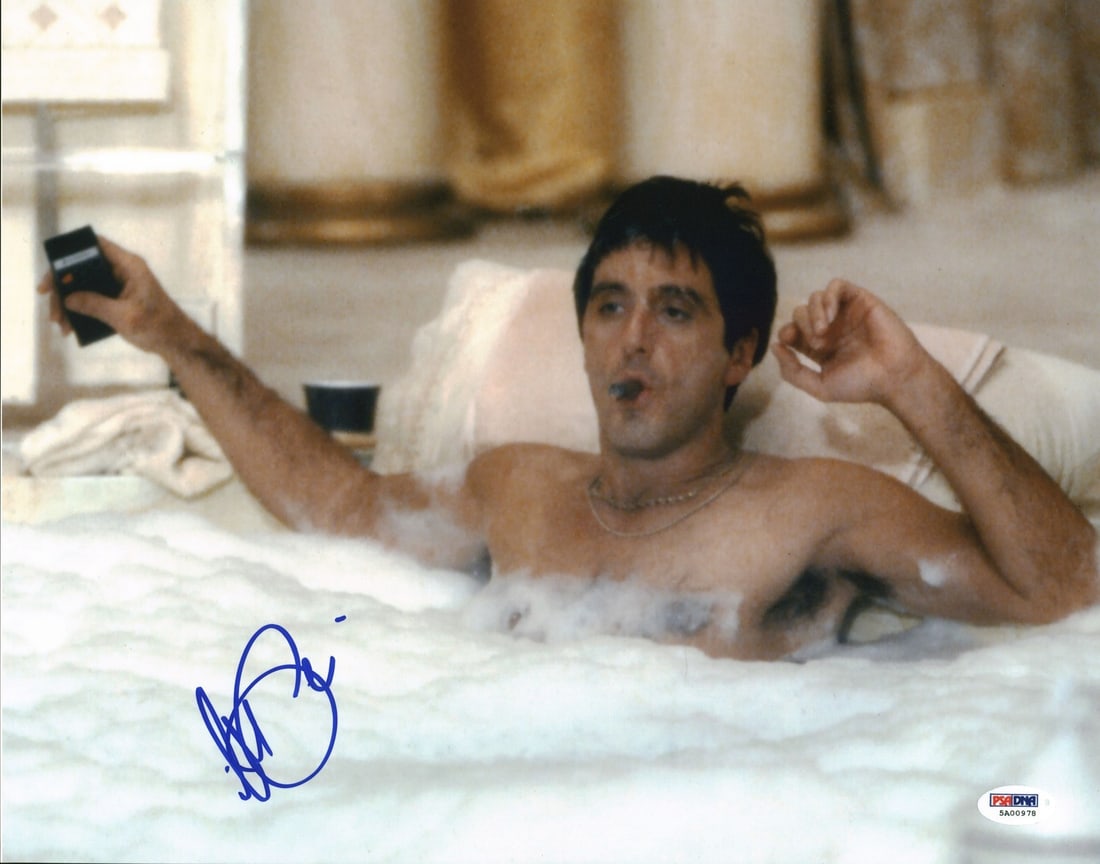 Al Pacino Autographed Scarface 11x14 Photo PSA DNA Graded Gem Mint 10: Al Pacino Autographed Scarface 11x14 Photo PSA DNA Graded Gem Mint 10 This is an original 11x14 inch horizontal photograph from Scarface, personally signed by Al Pacino. The autograph has been graded 