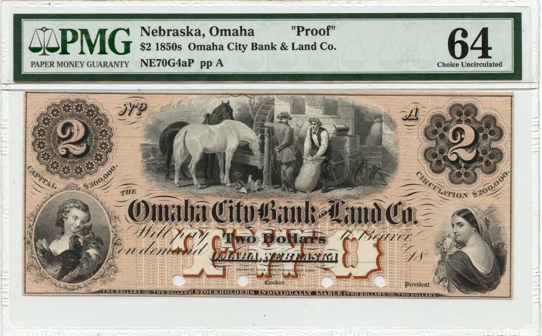 PMG CU64 Proof 1850s $2 Obsolete Bank Note Omaha Nebraska: PMG CU64 Proof 1850s $2 Obsolete Bank Note Omaha Nebraska 1850s $2 obsolete note from Omaha, Nebraska, issued by City Bank & Land Co. This proof example is PMG certified and presented in uncirculated,