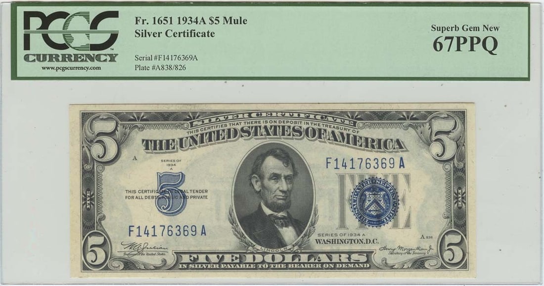 1934A $5 Silver Certificate PCGS 67PPQ Mule Rare Gem Note: 1934A $5 Silver Certificate PCGS 67PPQ Mule Rare Gem Note This 1934A $5 Silver Certificate is a remarkable piece for collectors, boasting a certification from PCGS with a grade of MS67. It is classifi