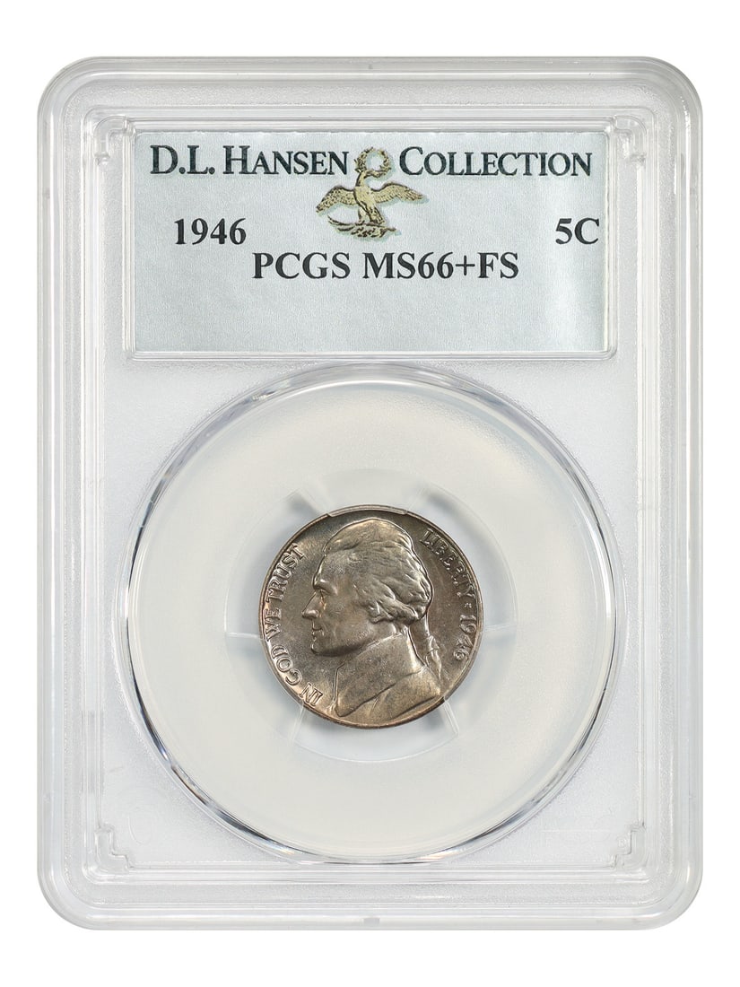 PCGS MS66+FS 1946 Jefferson Nickel ex D.L. Hansen 5C: PCGS MS66+FS 1946 Jefferson Nickel ex D.L. Hansen 5C 1946 Jefferson Nickel, denomination 5C, certified by PCGS as MS66+FS and noted ex: D.L. Hansen. PCGS reports a population of 10 with only 2 finer. 