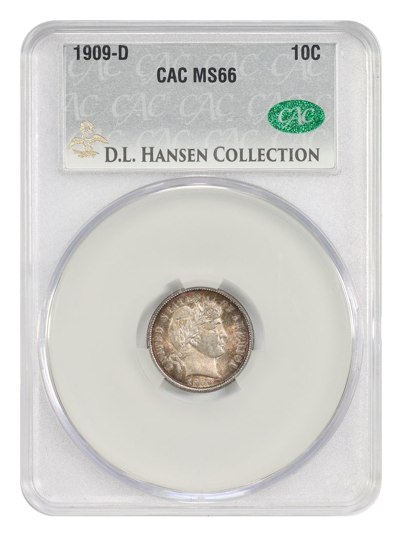CACG MS66 1909-D Barber Dime ex D.L. Hansen: CACG MS66 1909-D Barber Dime ex D.L. Hansen Elite gem 1909-D Barber Dime certified by CACG in MS66. This uncirculated example is described with wholesome envelope toning on both sides, showing bursts 
