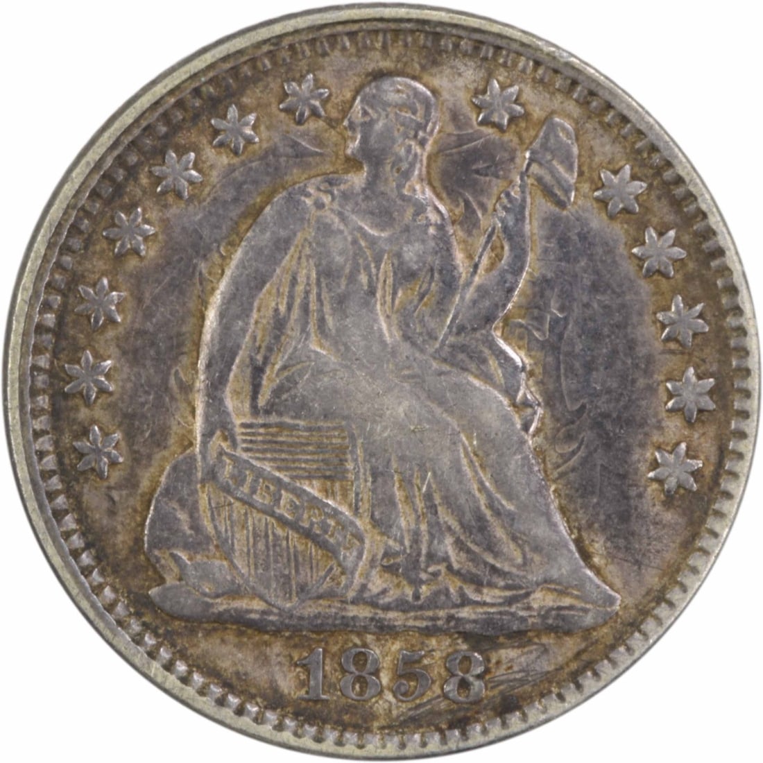 1858 Liberty Seated Half Dime 90% Silver Uncertified: 1858 Liberty Seated Half Dime 90% Silver Uncertified This 1858 Liberty Seated Silver Half Dime features a classic design by Christian Gobrecht and is a notable piece for collectors. It is made of 90% 