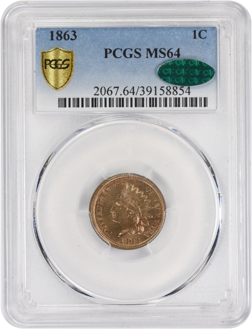 1863 Indian Head Cent PCGS MS64 CAC Certified Small Cent: 1863 Indian Head Cent PCGS MS64 CAC Certified Small Cent This 1863 Indian Head Cent is graded MS64 by PCGS and features CAC approval. Struck at the Philadelphia Mint, it is composed of 88% copper and 