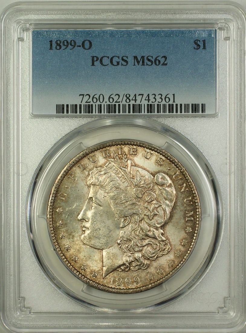 PCGS MS62 1899-O Morgan Dollar Uncirculated Silver Toned New Orleans Mint: PCGS MS62 1899-O Morgan Dollar Uncirculated Silver Toned New Orleans Mint This 1899-O Morgan Silver Dollar is certified by PCGS with a grade of MS-62. Minted in New Orleans, this uncirculated coin is 