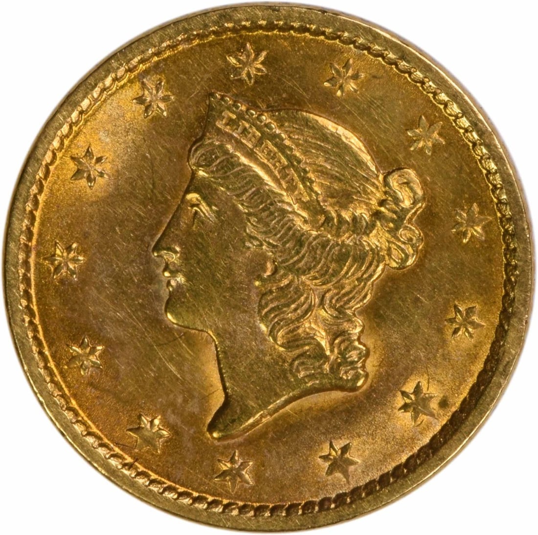1851 Type 1 Gold Dollar MS60 Uncertified Philadelphia: 1851 Type 1 Gold Dollar MS60 Uncertified Philadelphia An 1851 $1 Gold Type 1 coin in circulated condition, uncertified and pre-owned. It is a Philadelphia-minted United States coin with a reeded edge,