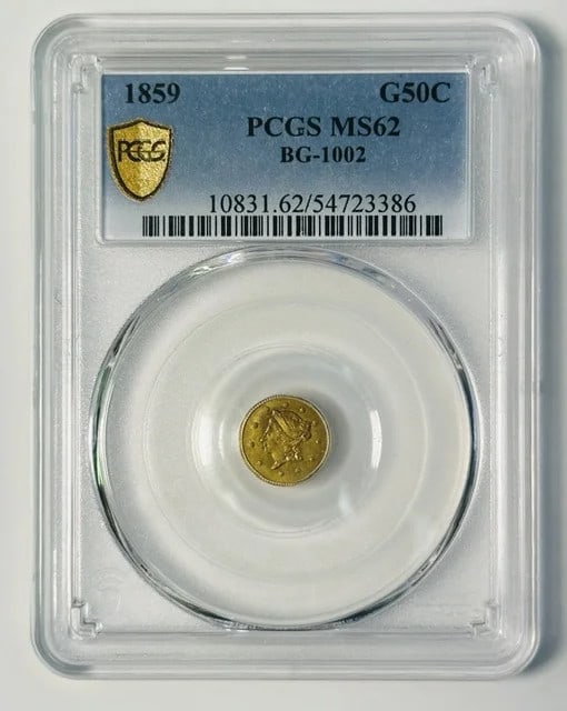 1859 Liberty Head Territorial Gold Fractional Dollar PCGS MS-62 BG-1002: 1859 Liberty Head Territorial Gold Fractional Dollar PCGS MS-62 BG-1002 1859 Territorial Gold Liberty Head fractional gold coin certified by PCGS and graded MS-62. This pre-owned piece is identified a
