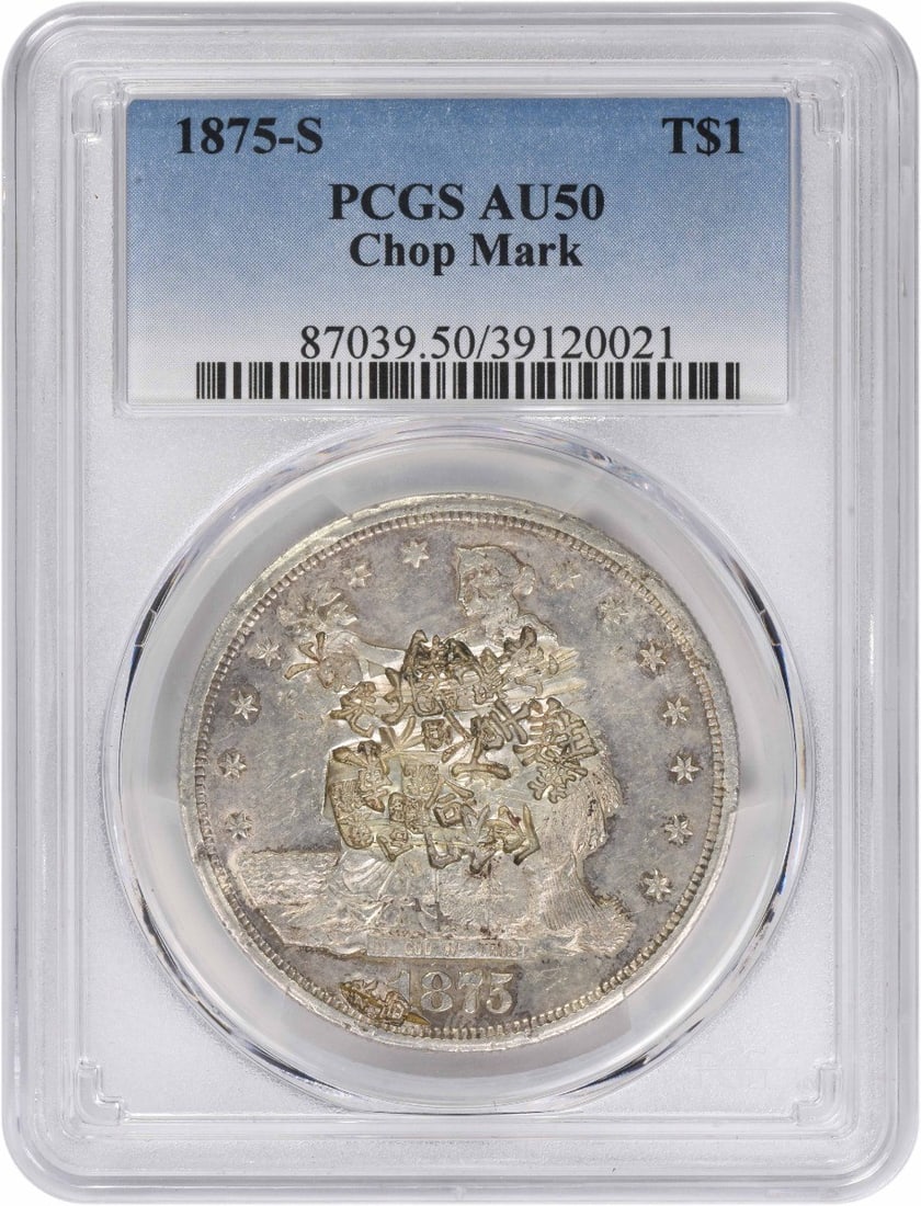 PCGS AU50 1875-S US Trade Dollar with Chop Mark: PCGS AU50 1875-S US Trade Dollar with Chop Mark 1875-S Trade Silver Dollar certified by PCGS and graded AU50. This circulated United States coin is a Trade Dollar issue with a chop mark and classic de