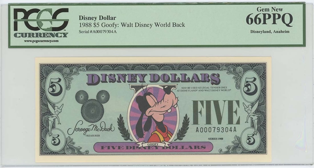 1988 $5 Disney Dollar Goofy PCGS 66 Uncirculated Currency (1 of 2)