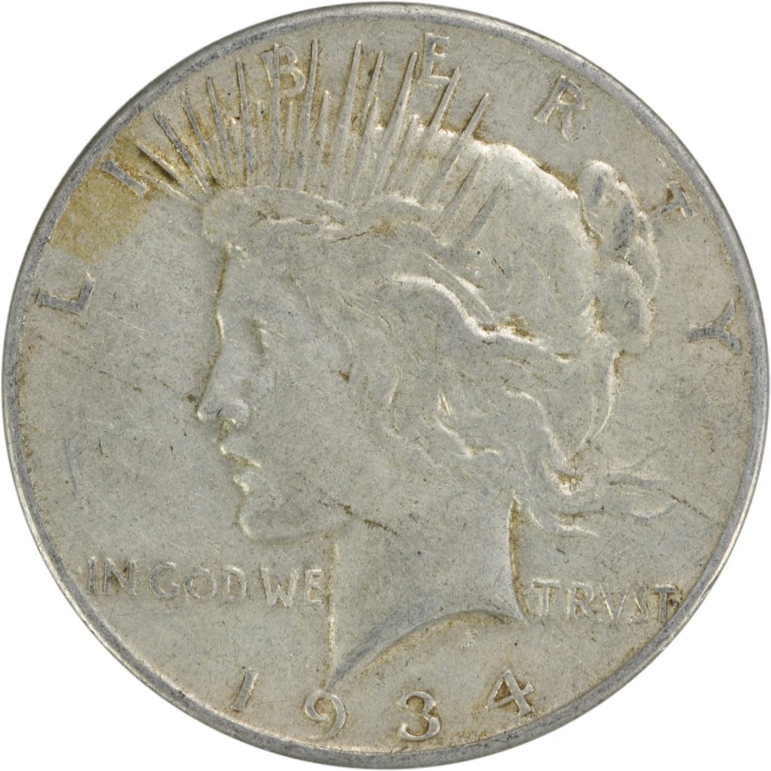 1934 S United States Peace Dollar Silver $1 VF Uncertified: 1934 S United States Peace Dollar Silver $1 VF Uncertified 1934-S Peace silver dollar in VF grade. This circulated, uncertified coin is composed of silver and is a pre-owned example from the United St