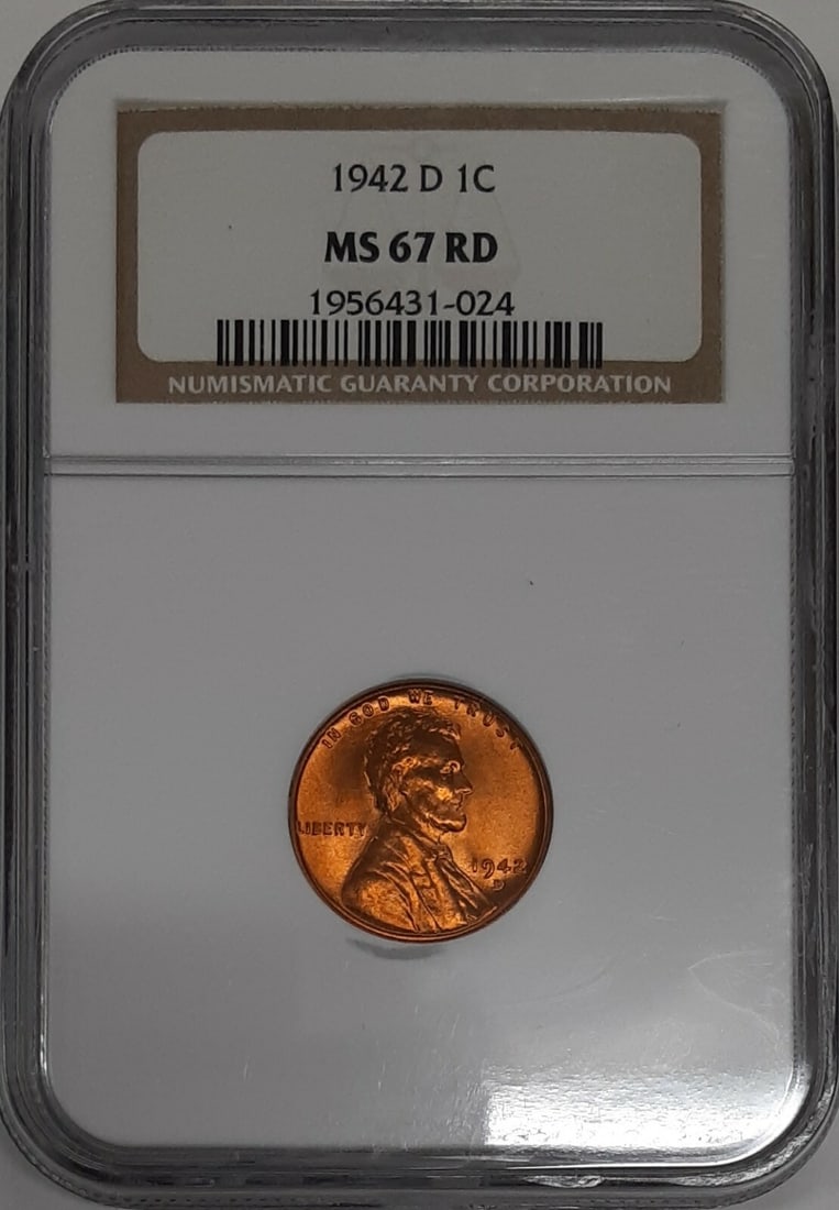 NGC MS-67 RD 1942-D Lincoln Wheat Cent Denver Mint Copper: NGC MS-67 RD 1942-D Lincoln Wheat Cent Denver Mint Copper This is a 1942-D Lincoln Wheat Cent graded MS-67 RD by NGC. The coin is uncirculated and features the Denver mint mark. It is composed of copp