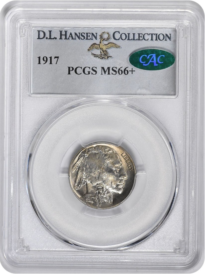 PCGS CAC 1917 Buffalo 5C Nickel MS66+: PCGS CAC 1917 Buffalo 5C Nickel MS66+ This 1917 Buffalo Nickel is graded MS66+ by PCGS and features the CAC designation, indicating exceptional quality for its grade. Struck in nickel, this uncirculat