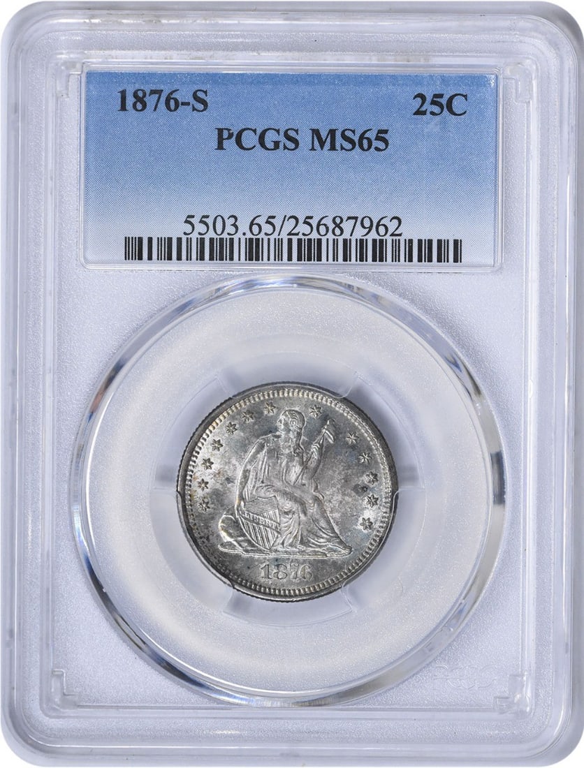 PCGS MS65 1876-S Seated Liberty 25C Silver Quarter: PCGS MS65 1876-S Seated Liberty 25C Silver Quarter This 1876 Liberty Seated Silver Quarter was struck at the San Francisco Mint and is graded MS65 by PCGS. Composed of 90% silver and 10% copper, this 