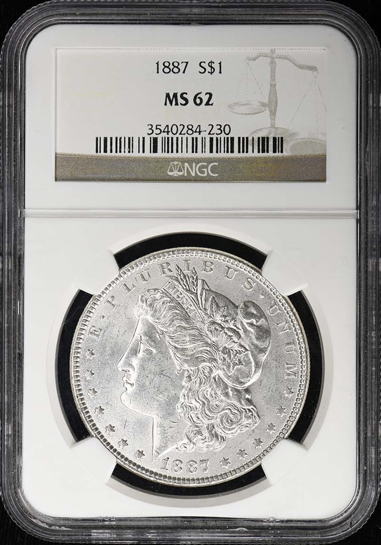 NGC MS62 1887 United States Morgan Dollar S$1: NGC MS62 1887 United States Morgan Dollar S$1 1887 Morgan Dollar certified by NGC and graded MS62. This pre-owned coin is listed as uncirculated and issued in the United States. Specifications Coin Ty