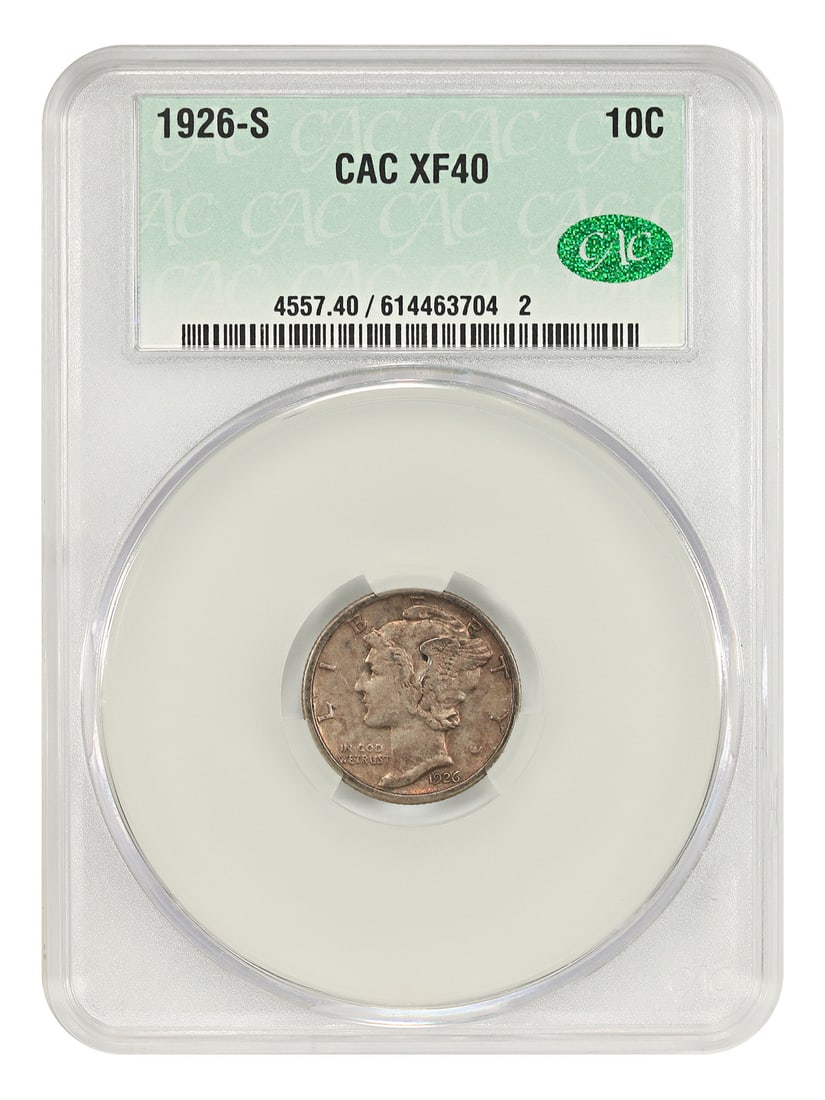 CACG XF40 1926-S Mercury Dime 10C Key Date: CACG XF40 1926-S Mercury Dime 10C Key Date A 1926-S Mercury Dime, denomination 10C, graded XF40 by CACG. The coin is a circulated, pre-owned example from the San Francisco mint and is identified as a 