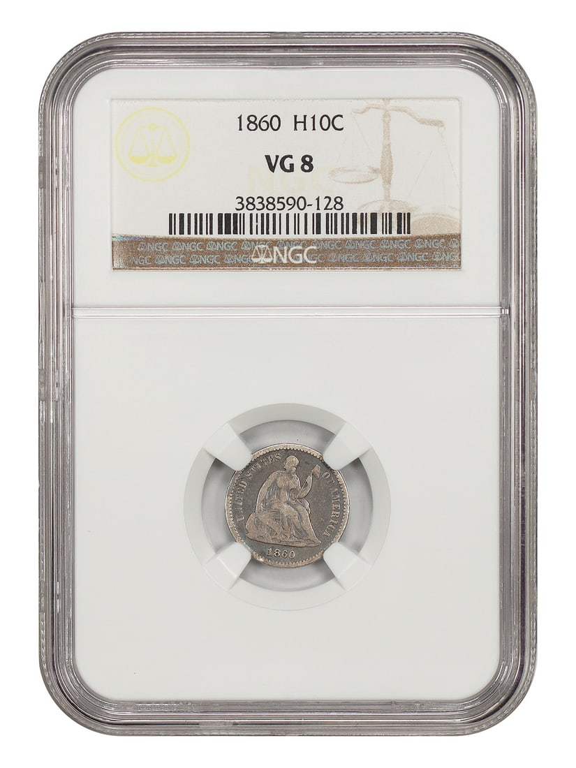 1860 Liberty Seated Half Dime H10C NGC VG08: 1860 Liberty Seated Half Dime H10C NGC VG08 1860 Liberty Seated Half Dime, denomination H10C, minted in Philadelphia and certified by NGC. The coin is circulated and offered in pre-owned condition. Sp