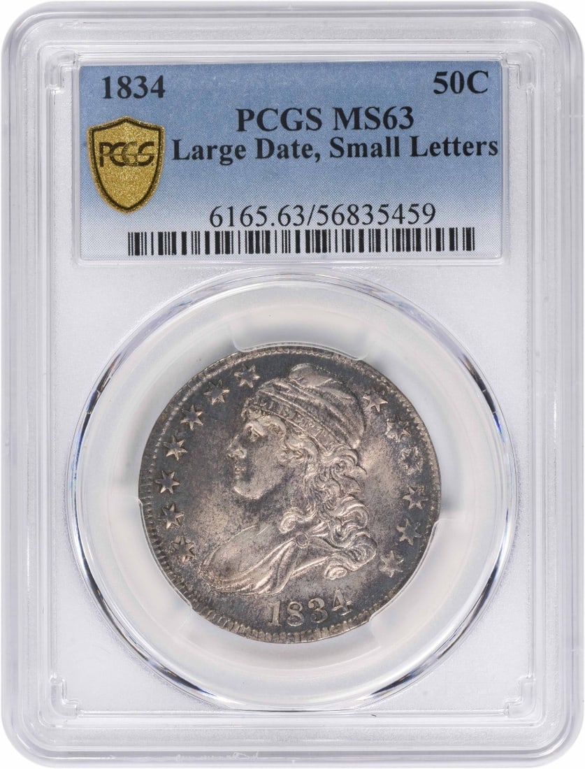 PCGS MS63 1834 Large Date Small Letters 50C Philadelphia Silver Half Dollar: PCGS MS63 1834 Large Date Small Letters 50C Philadelphia Silver Half Dollar This 1834 Bust Half Dollar features the Large Date Small Letters variety and is graded MS63 by PCGS. Struck at the Philadelp